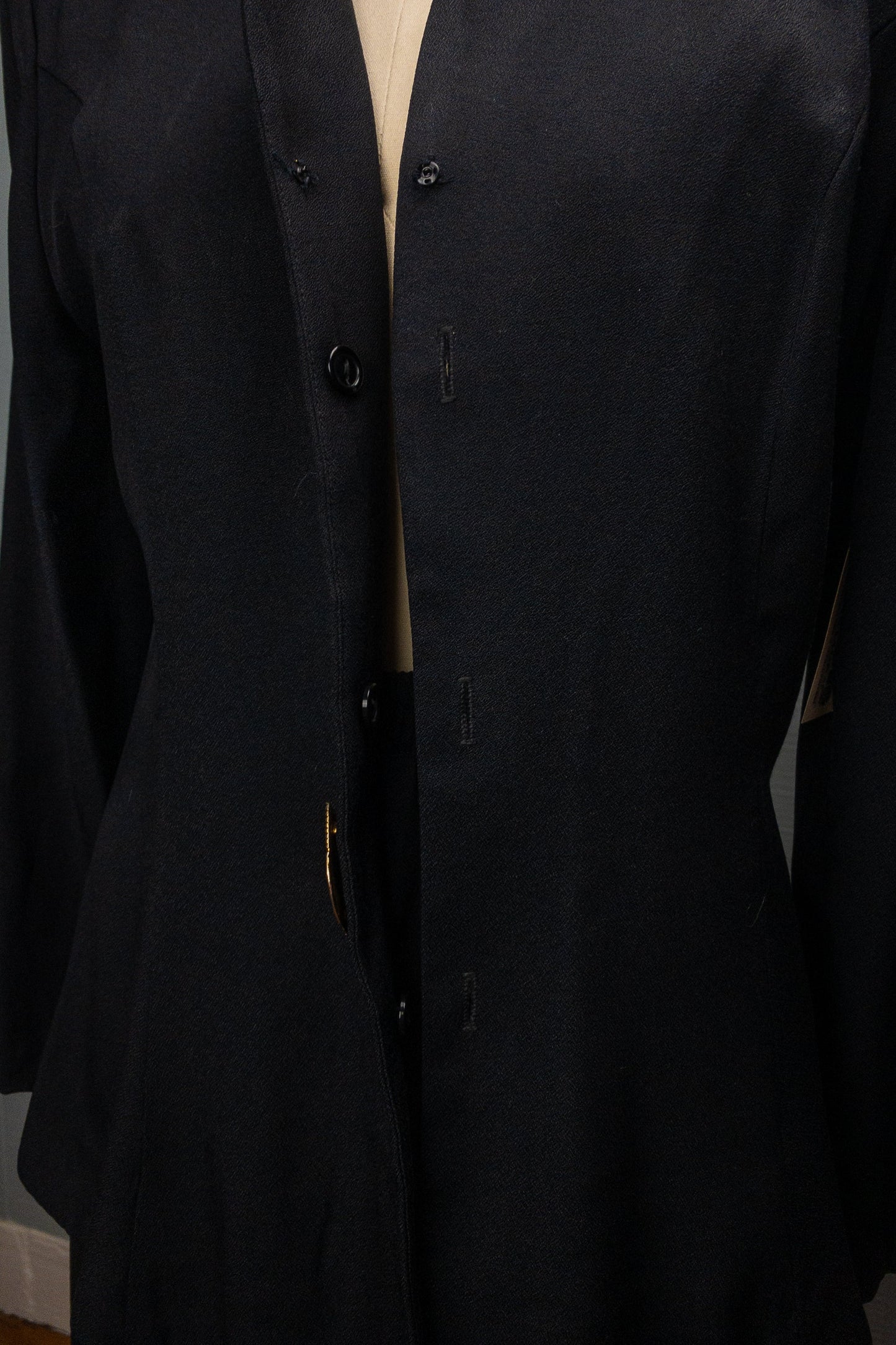 80's Black Crepe Pant Suit Virgo II Gold Statement Button