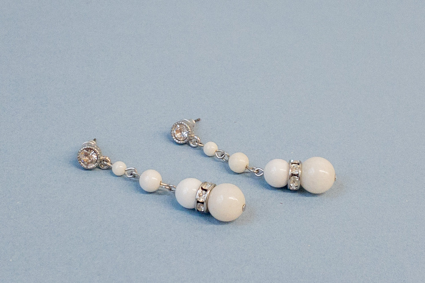 Milk White Glass Bead Dangle Rhinestone Silver Pierced Earrings