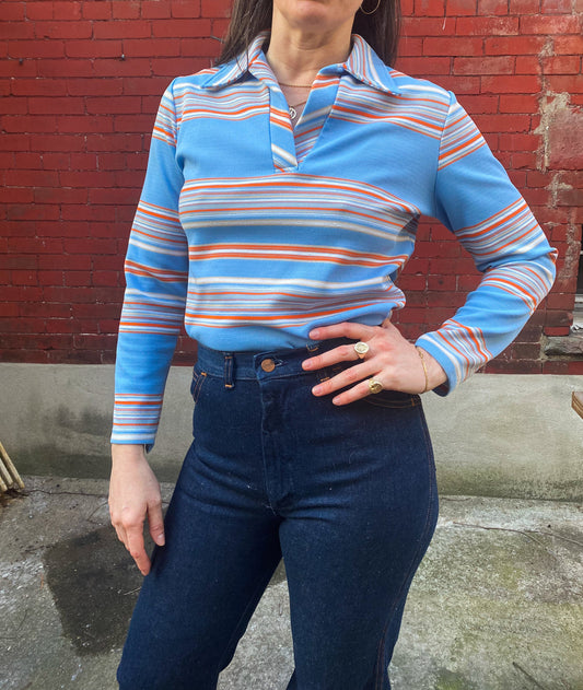 70's Sky Blue Striped Pullover Top | M