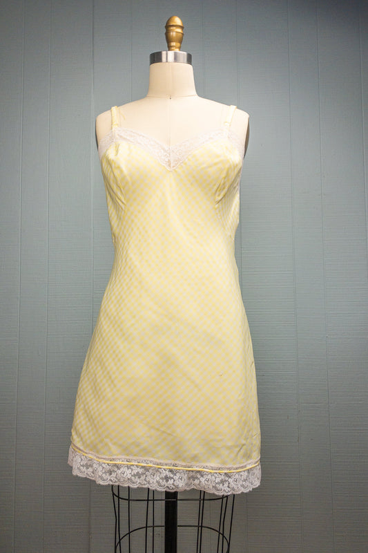 60's Yellow Gingham Lace Nightgown Slip | M