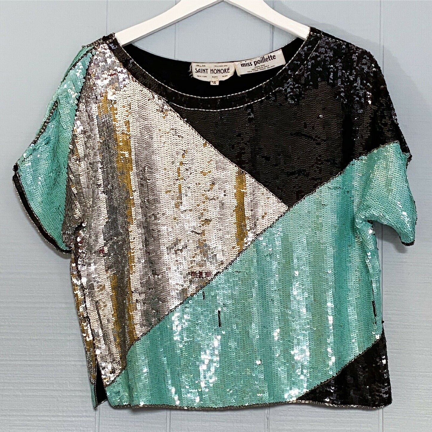80s Teal Black Silver Colorblock Sequin Top | S/M