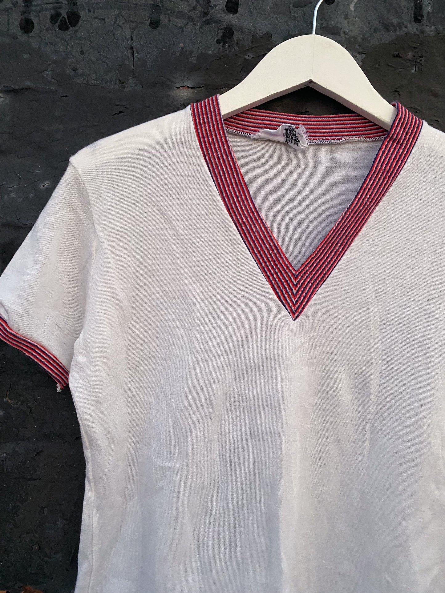 60s 70s V Neck Ringer Red White & Blue TShirt