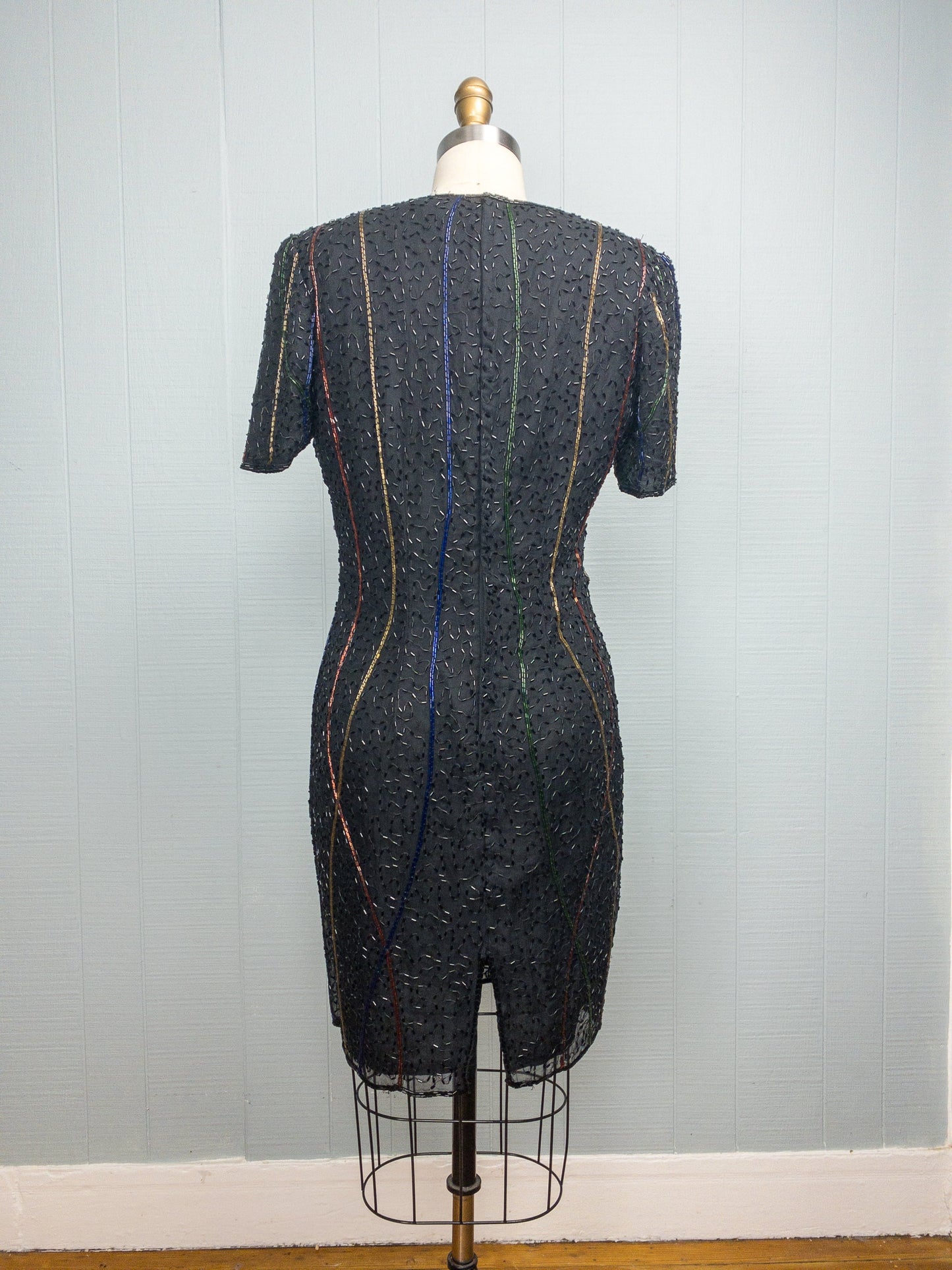 80's Black & Rainbow Beaded Shift Dress | M