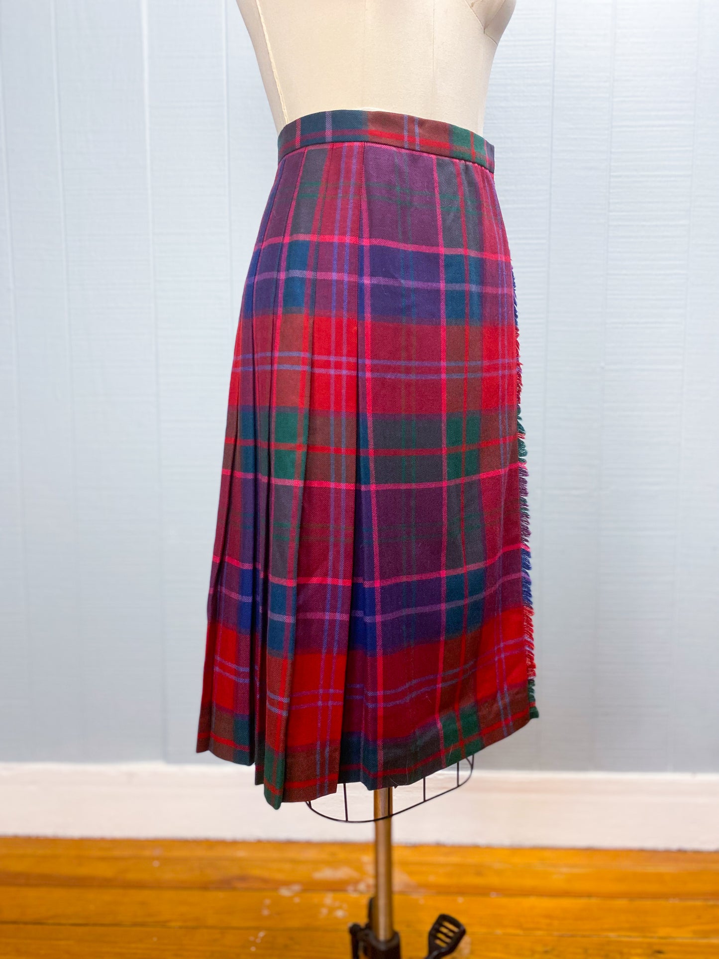80's Talbot David Brooks Tartan Wrap Pleat Skirt Red Green Purple Navy