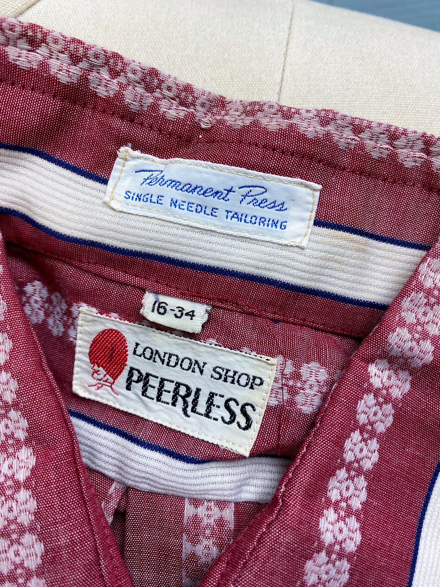 70's Wine & White Vertical Stripe Dagger Collar Button Up Shirt