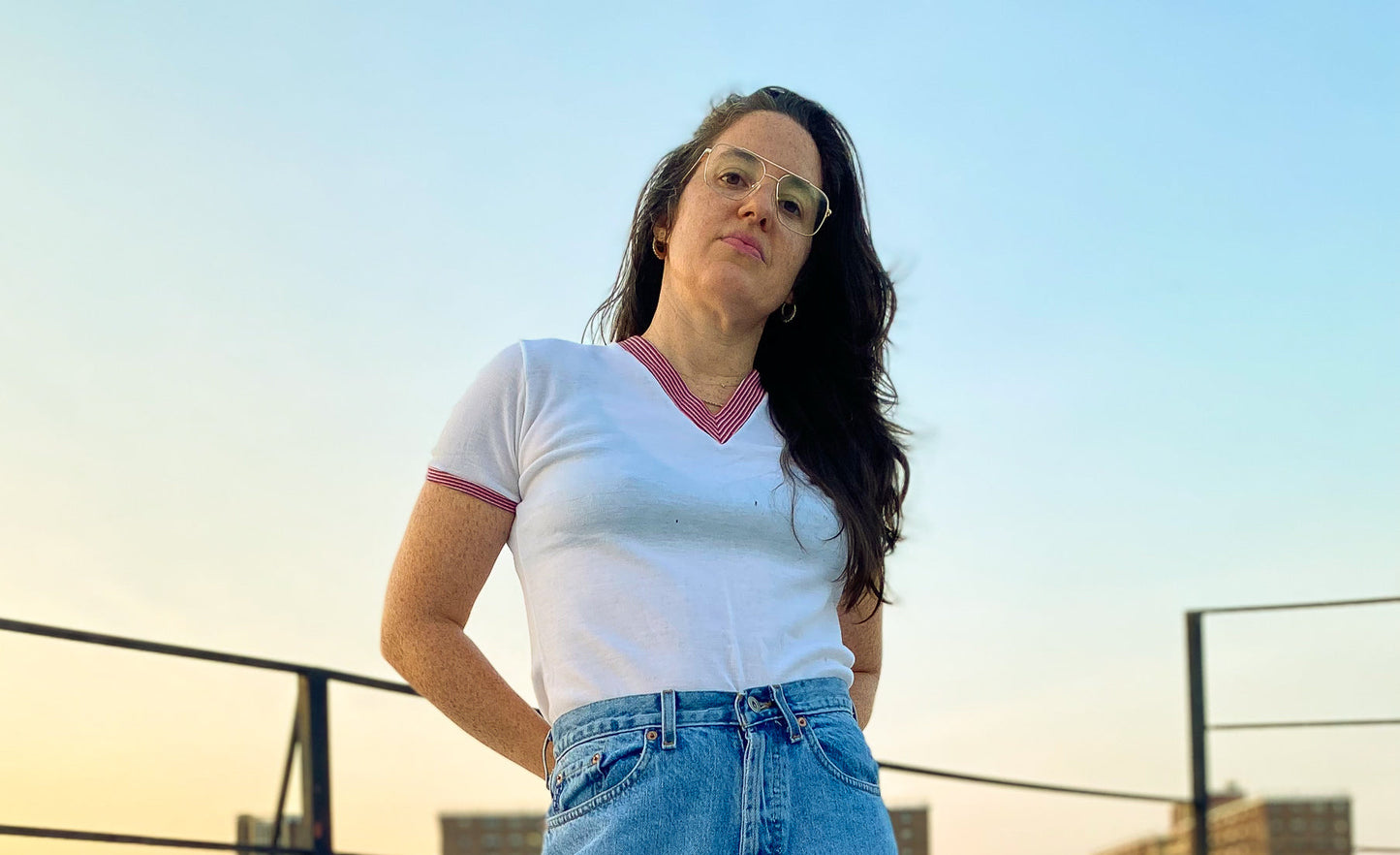 60s 70s V Neck Ringer Red White & Blue TShirt