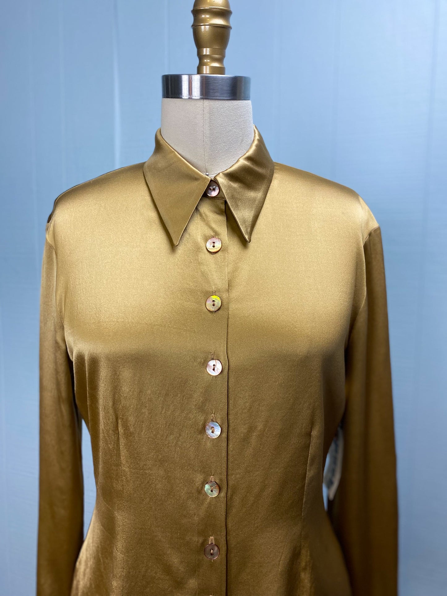 Gold Liquid Metallic Silk Hourglass Blouse Spearpoint Collar Renato Nucci