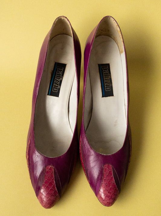 80s Magenta Snake Leather Heels | 9.5