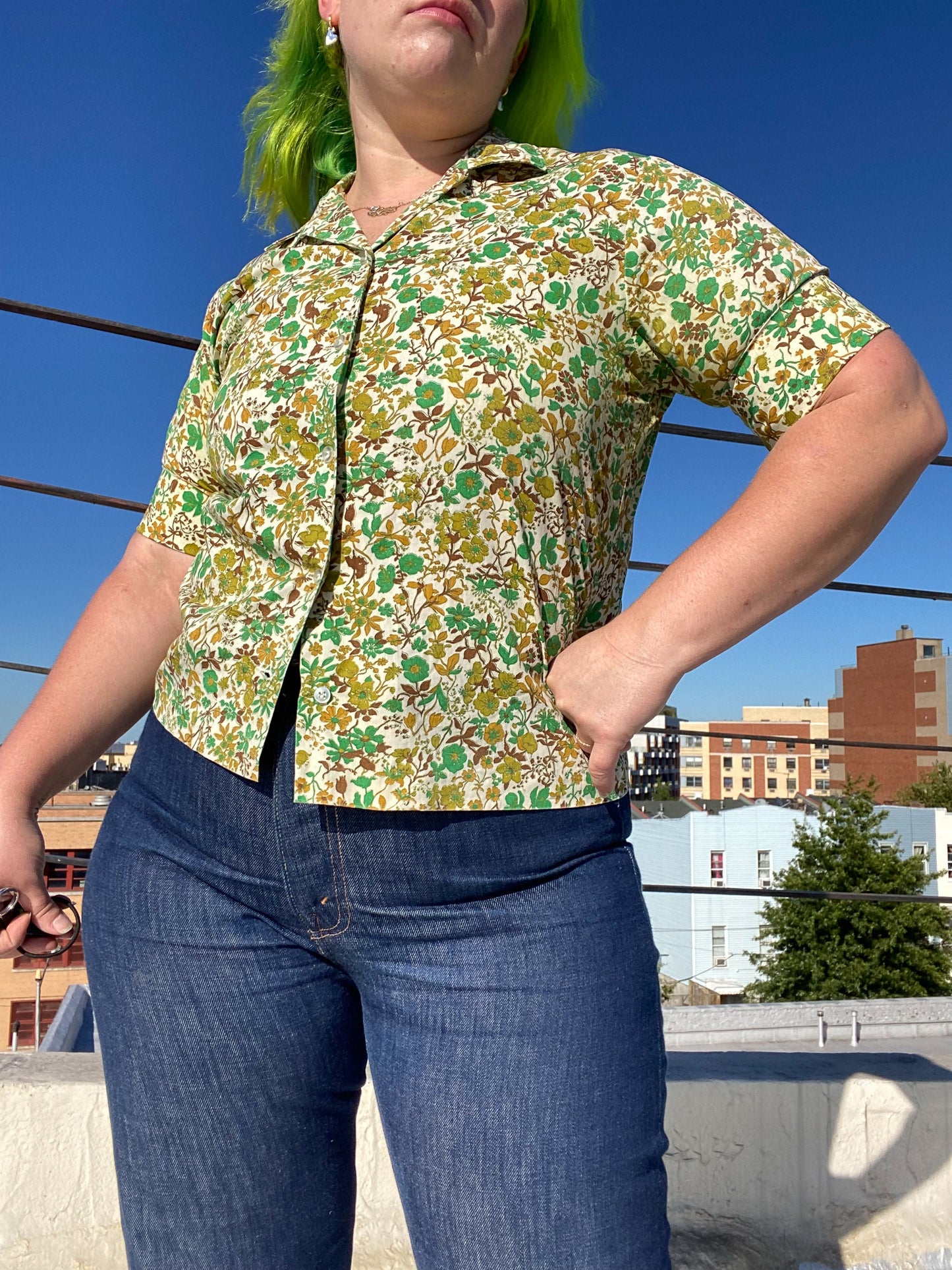 60's Jade & Mustard Floral Blouse | M/L