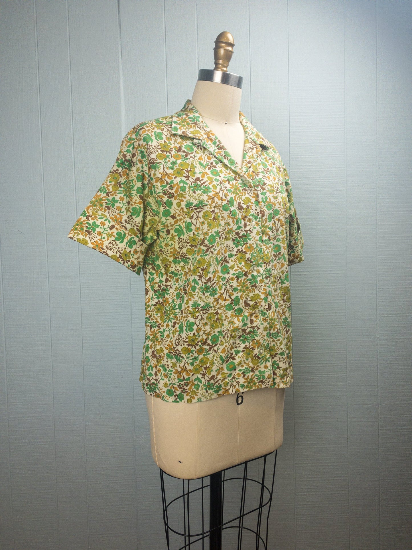 60's Jade & Mustard Floral Blouse | M/L
