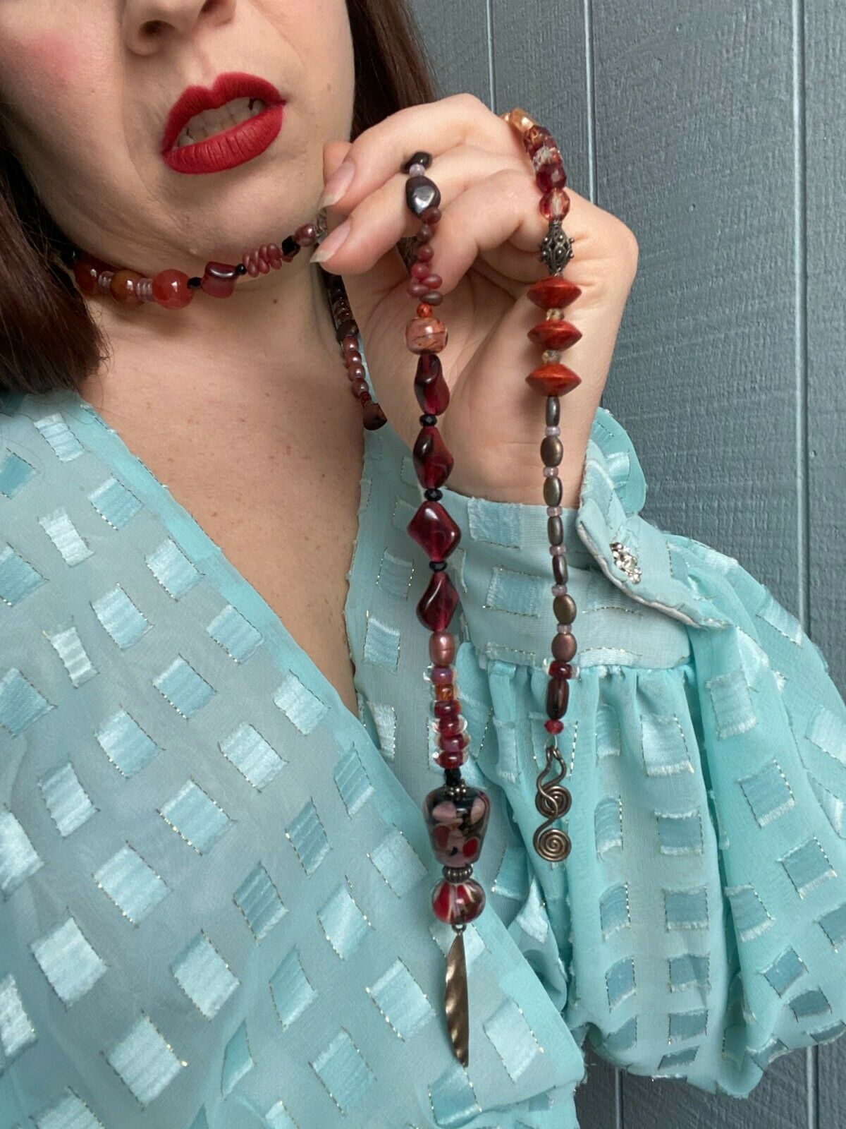 Amber & Pink Glass Pearl Bead Lariat Necklace