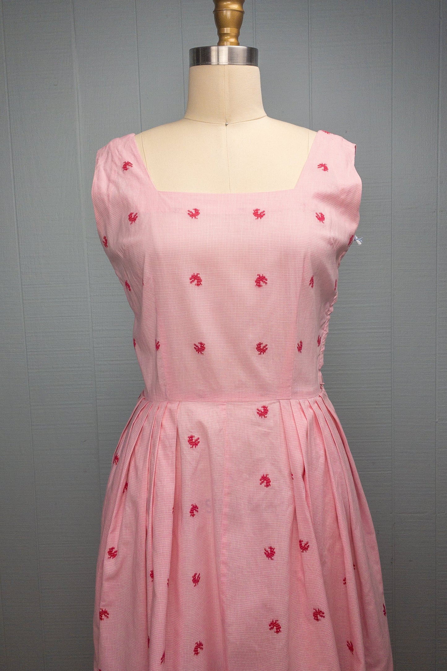 50's Pink Gingham Chicken Day Dress | M/L