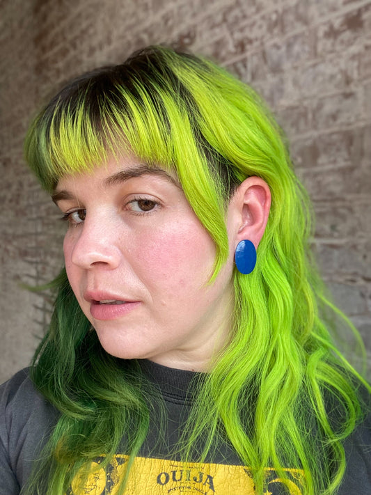 Oval Hammered Blue Enamel Clip On Earrings