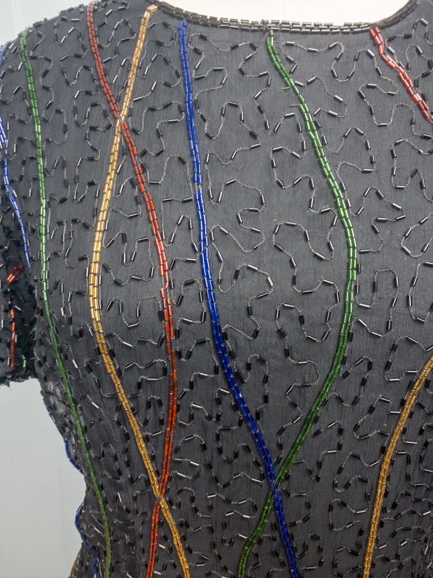80's Black & Rainbow Beaded Shift Dress | M