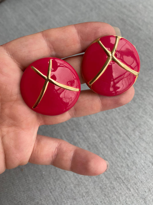 80's Statement Red Circle X Pierced Earrings