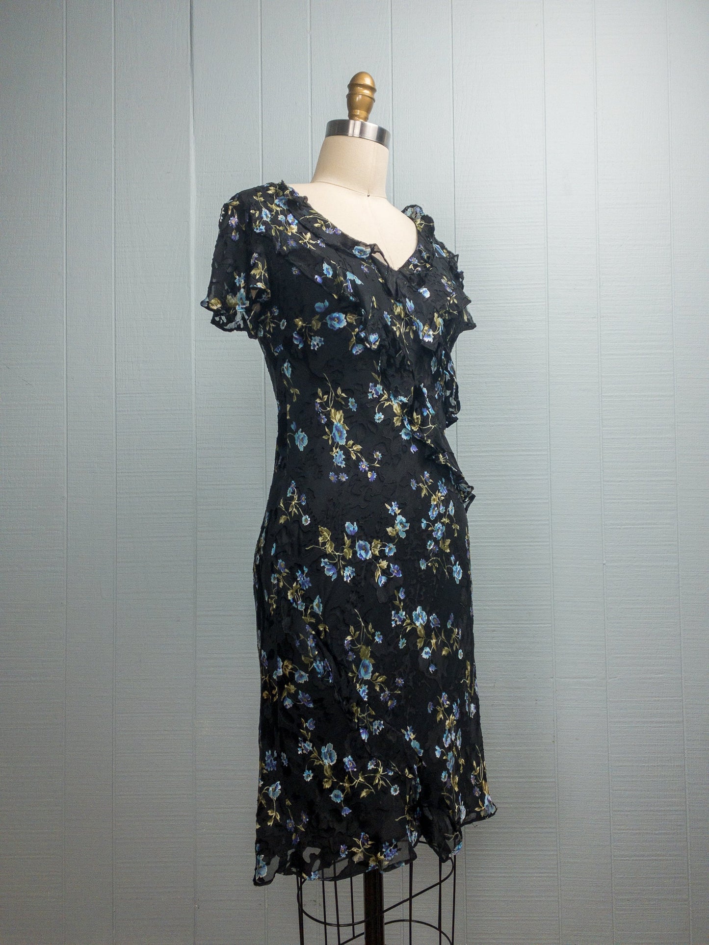 90's Y2K Bias Cut Silk/Rayon Black Floral Dress | S