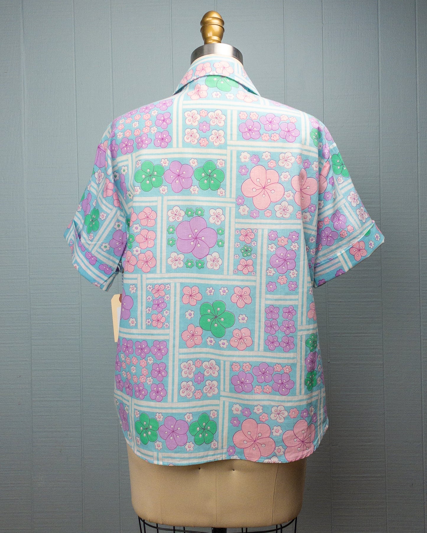 60's Blue Blossom Floral Green Pink Purple
