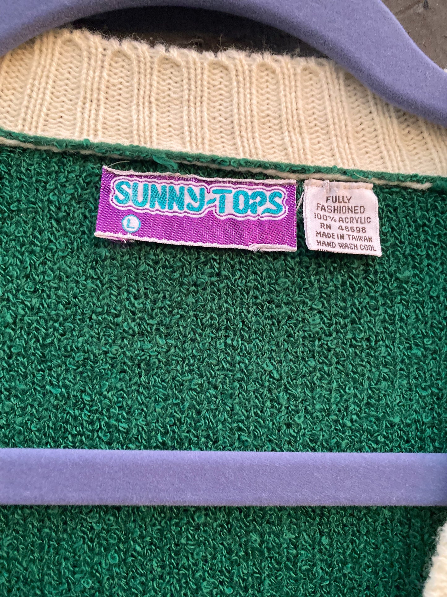 70s 80s Kelly Green Varsity Cardigan Cream Ribbed Sunny Tops