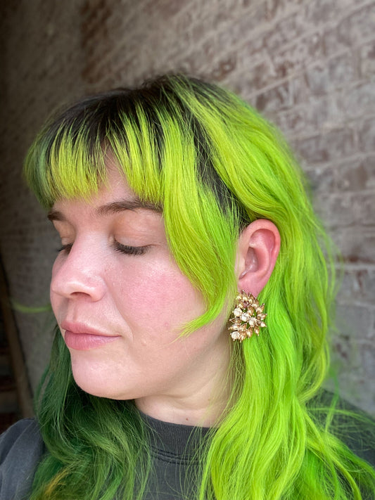 Champagne Rhinestone Leaf Gold Statement Earring Pierced Post