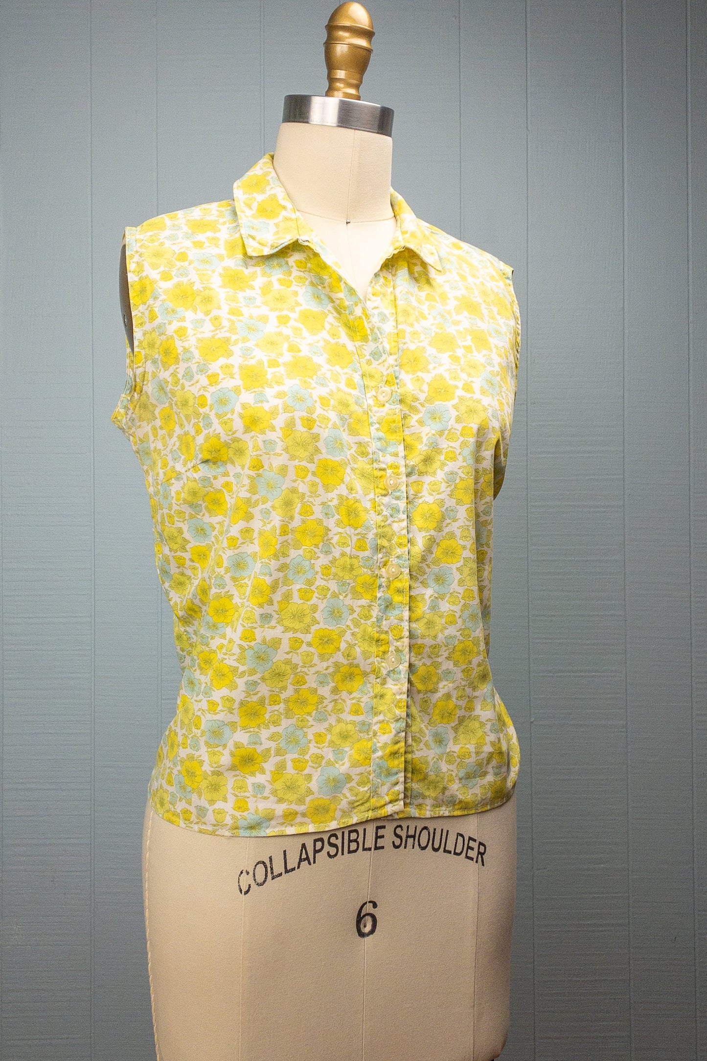 60's Yellow & Blue Ditsy Floral Sleeveless | M/L