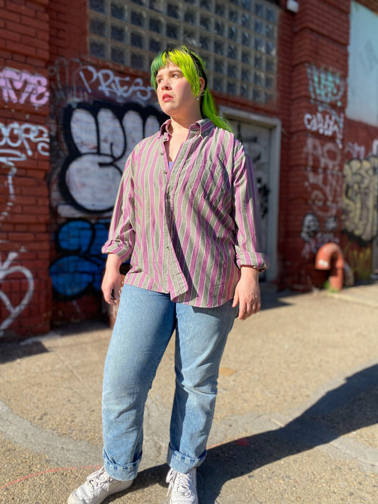 80s 90s Purple Stripe Button Down Shirt | L/XL