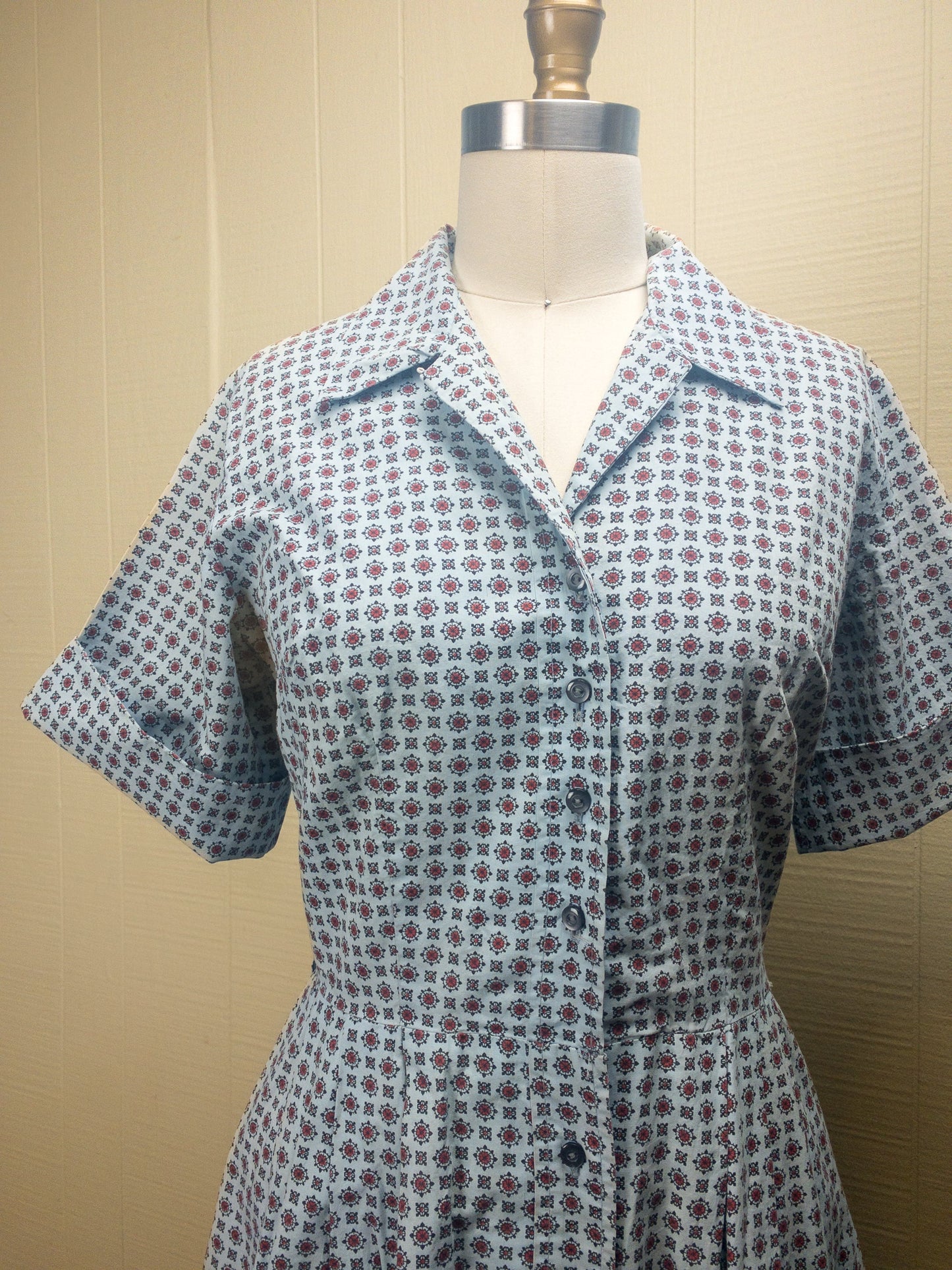 50s Pale Blue Ditsy Shirt Dress M/L