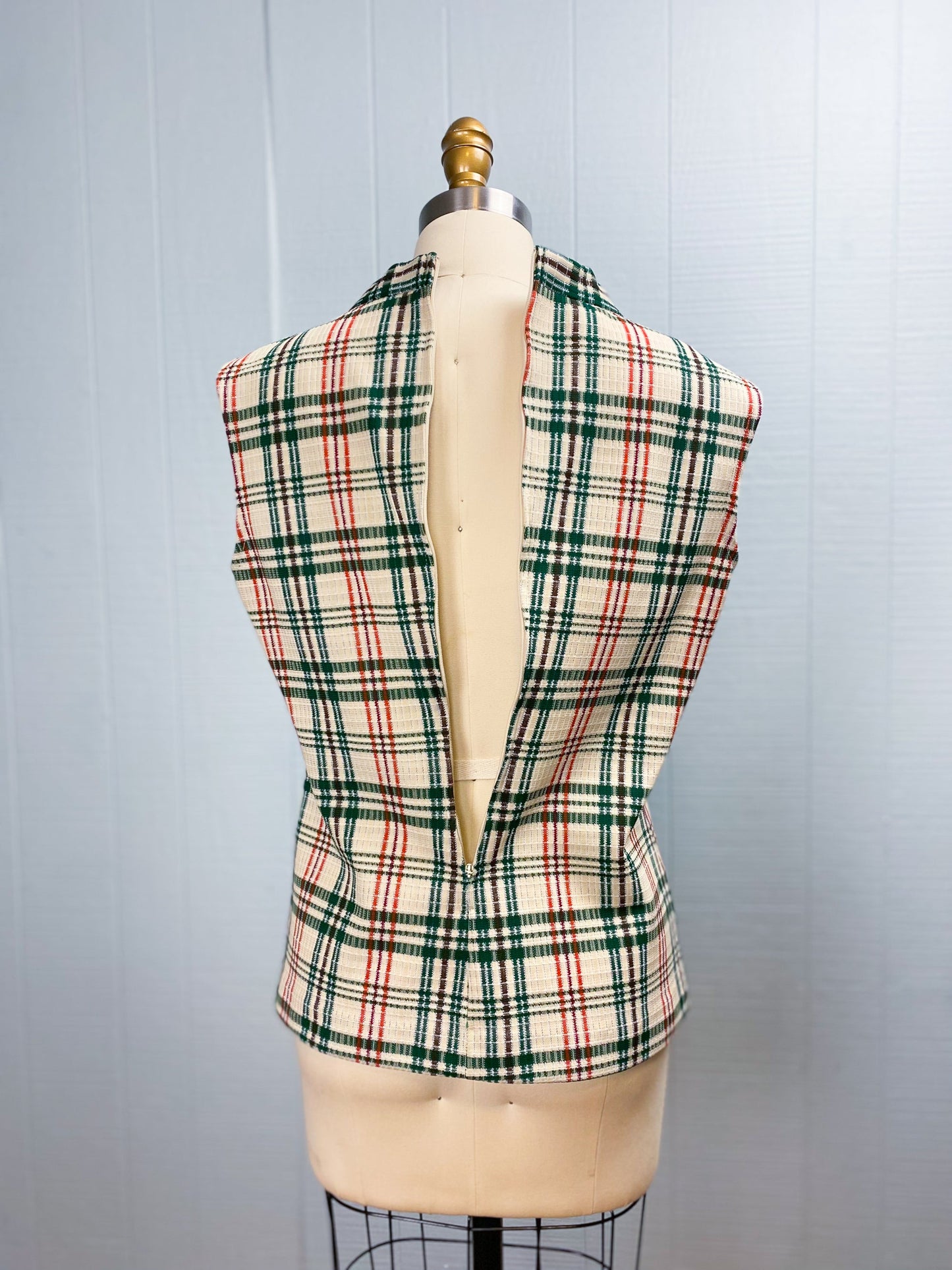 70's Cream Green Orange Plaid V Neck Poly Vest | L