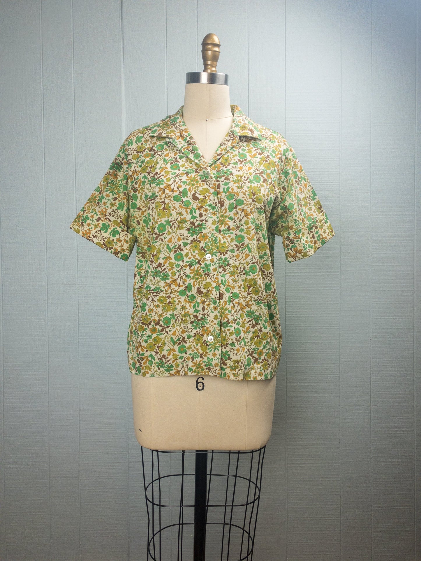60's Jade & Mustard Floral Blouse | M/L