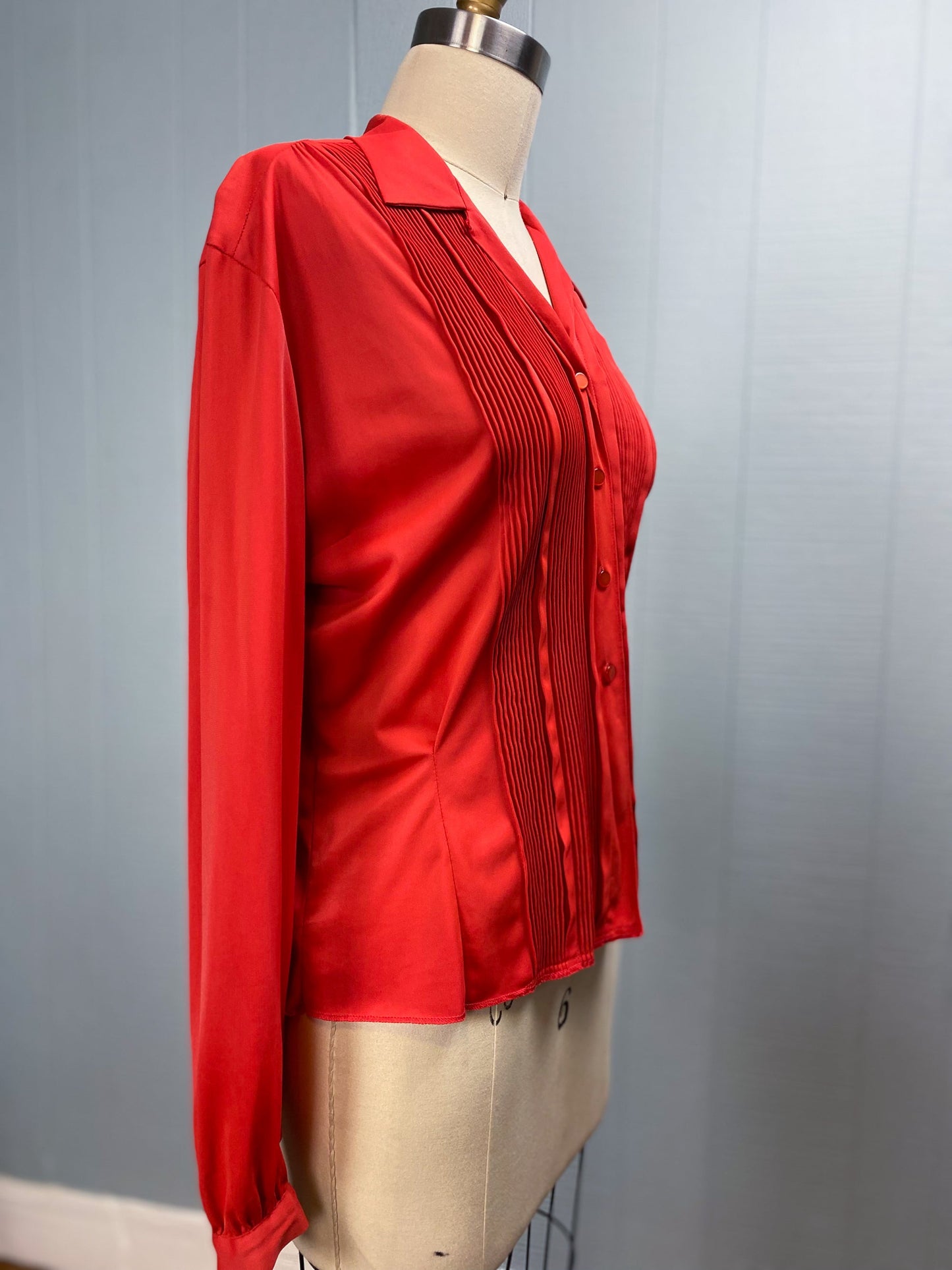 50's Red Pleat Front Tuxedo Loop Collar Blouse Hourglass "Pilot" | M/L