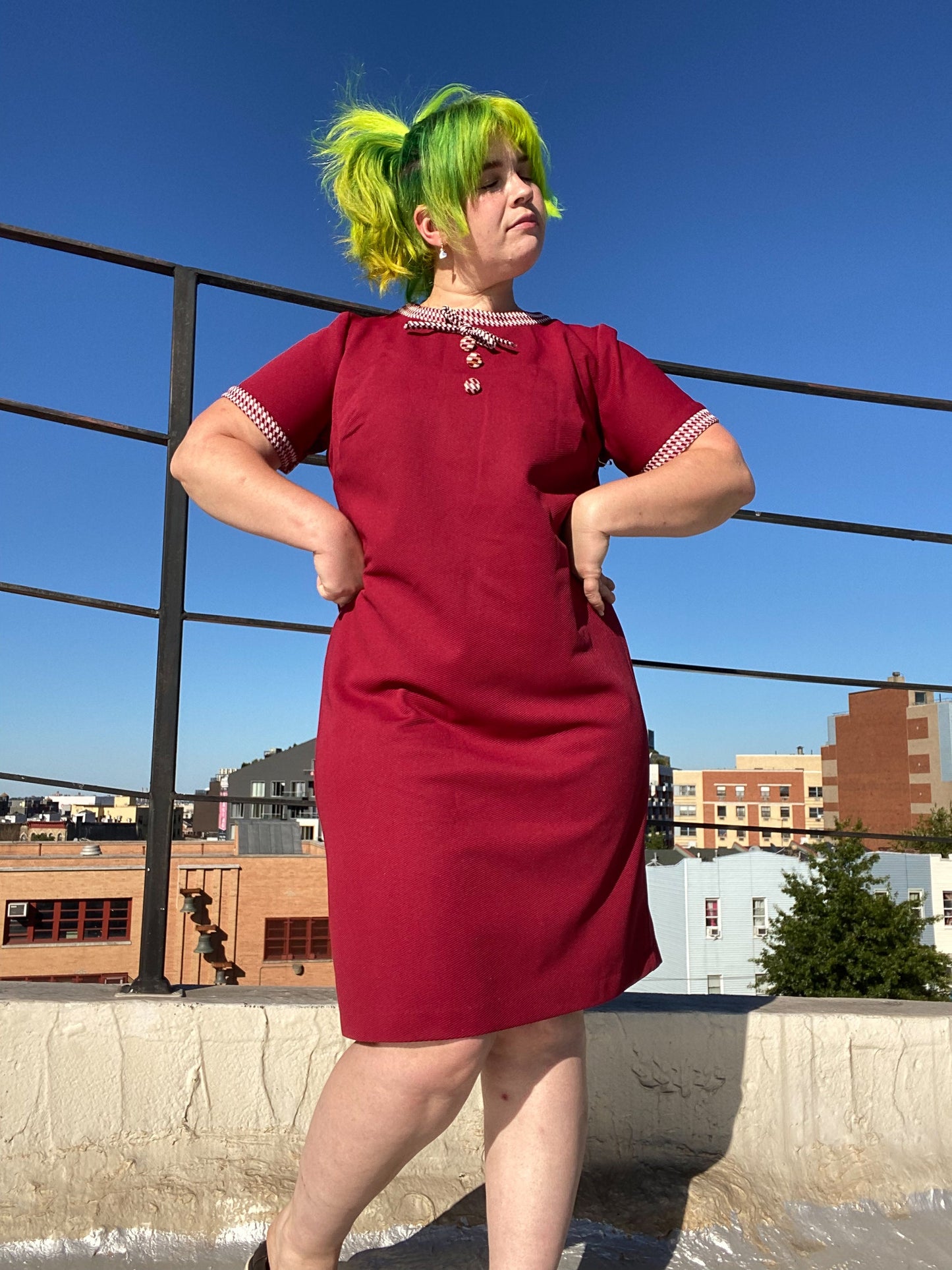 70's Red Check Bow Dress | XXL