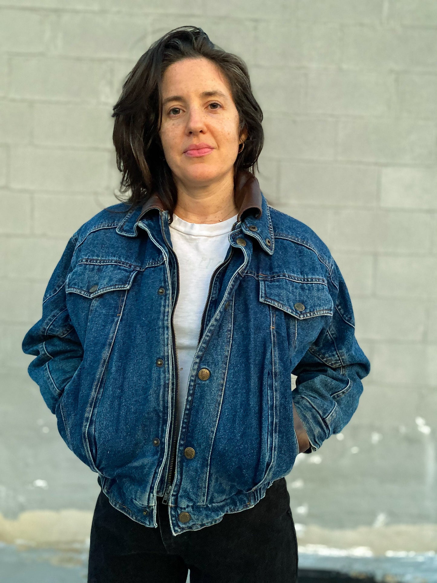 80's Denim Bomber Brown Leather Collar