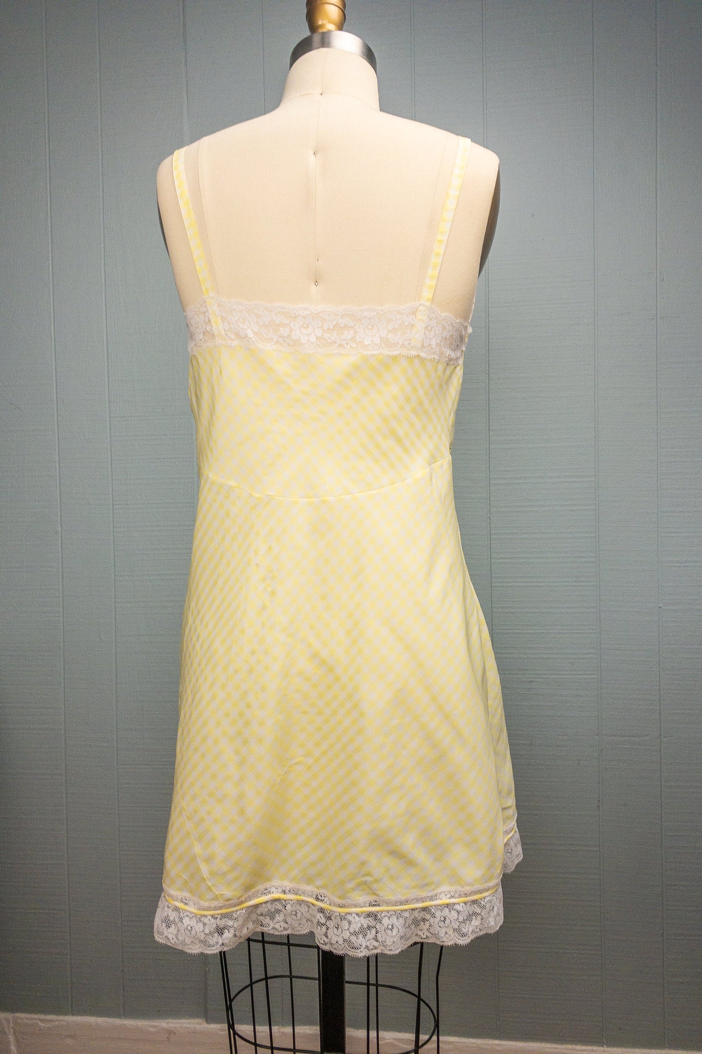 60's Yellow Gingham Lace Nightgown Slip | M