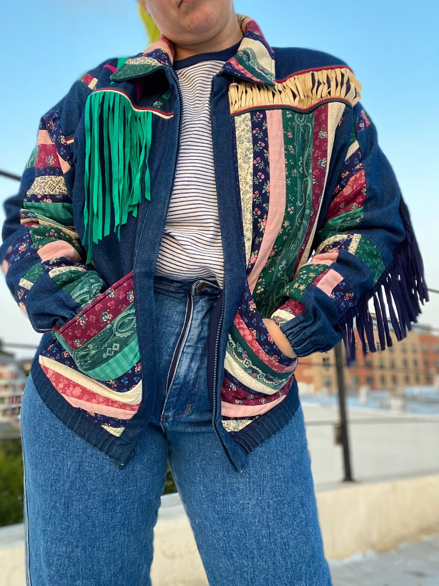 80s Patchwork & Fringe Denim Jacket