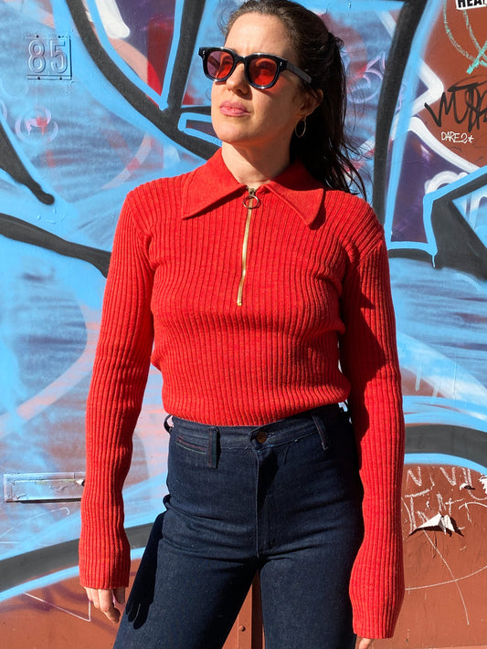 70's Burnt Red Zip Collar Top