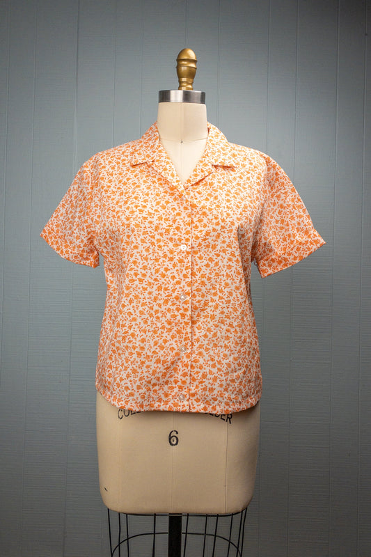 60's Orange Ditsy Floral Loop Collar Button Up Shirt | M