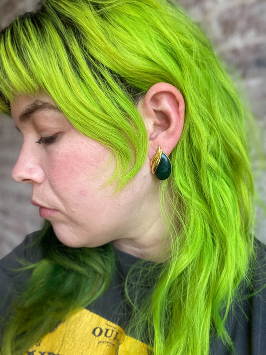 Drop Swirl Gold & Green Enamel Pierced Post