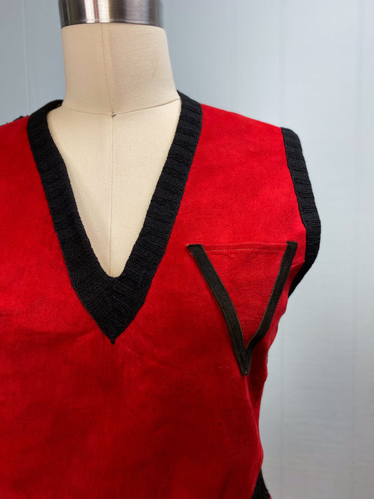 60's 70's Red Suede & Black Sweater Ribbed V Neck Vest | S/M