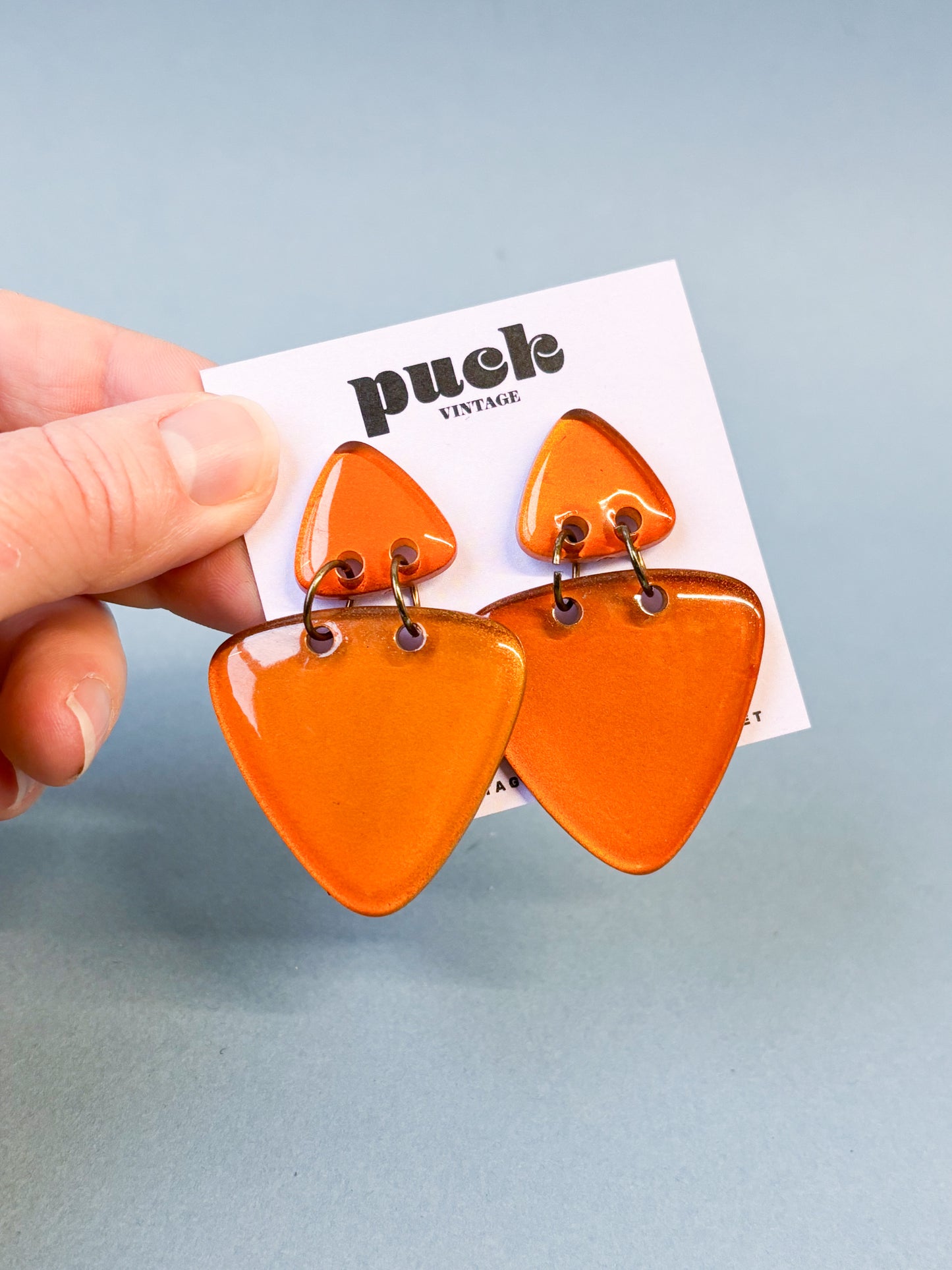 Burnt Orange Guitar Pick Dangle Pierced Earrings