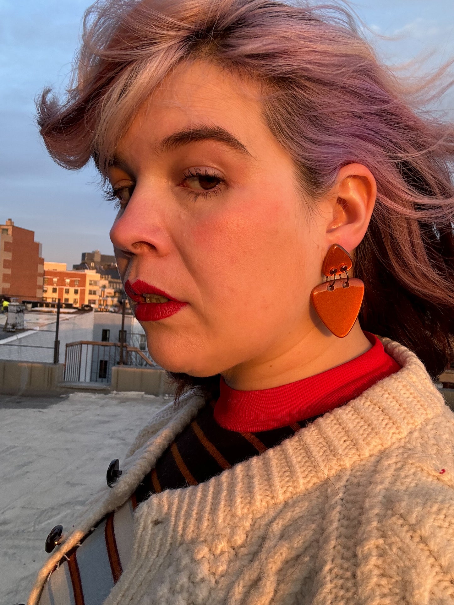 Burnt Orange Guitar Pick Dangle Pierced Earrings