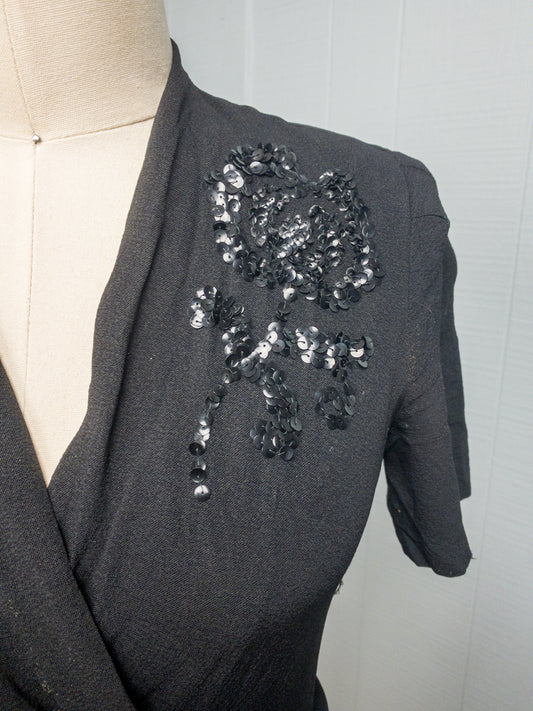 40's Wounded Wrap Dress with Rose Sequin