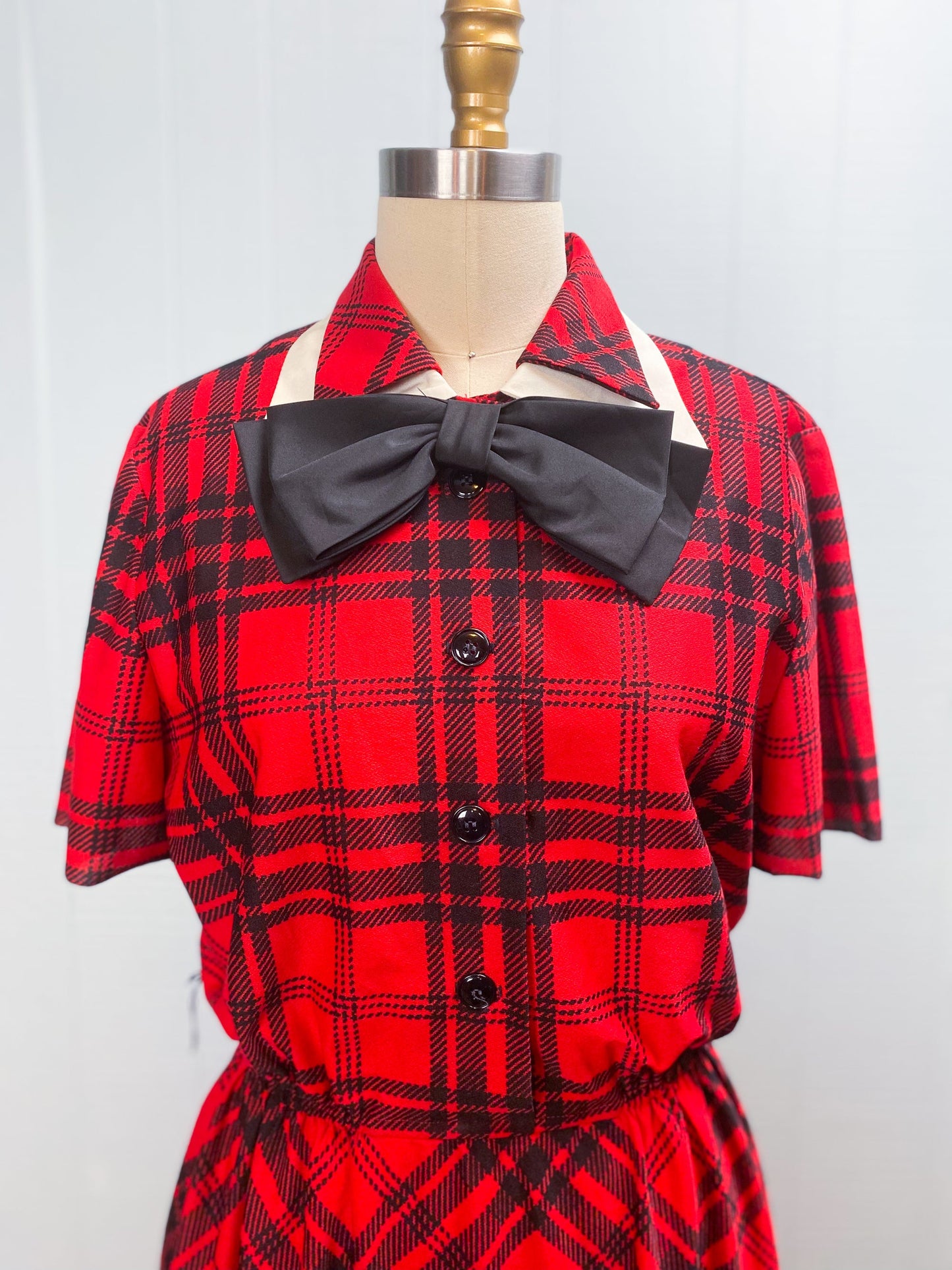 80's Red/Black Plaid Party Dress Oversize Bow & Collar