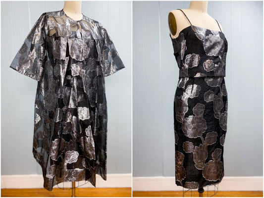 60's Black & Silver Metallic Cocktail Dress & Jacket | M