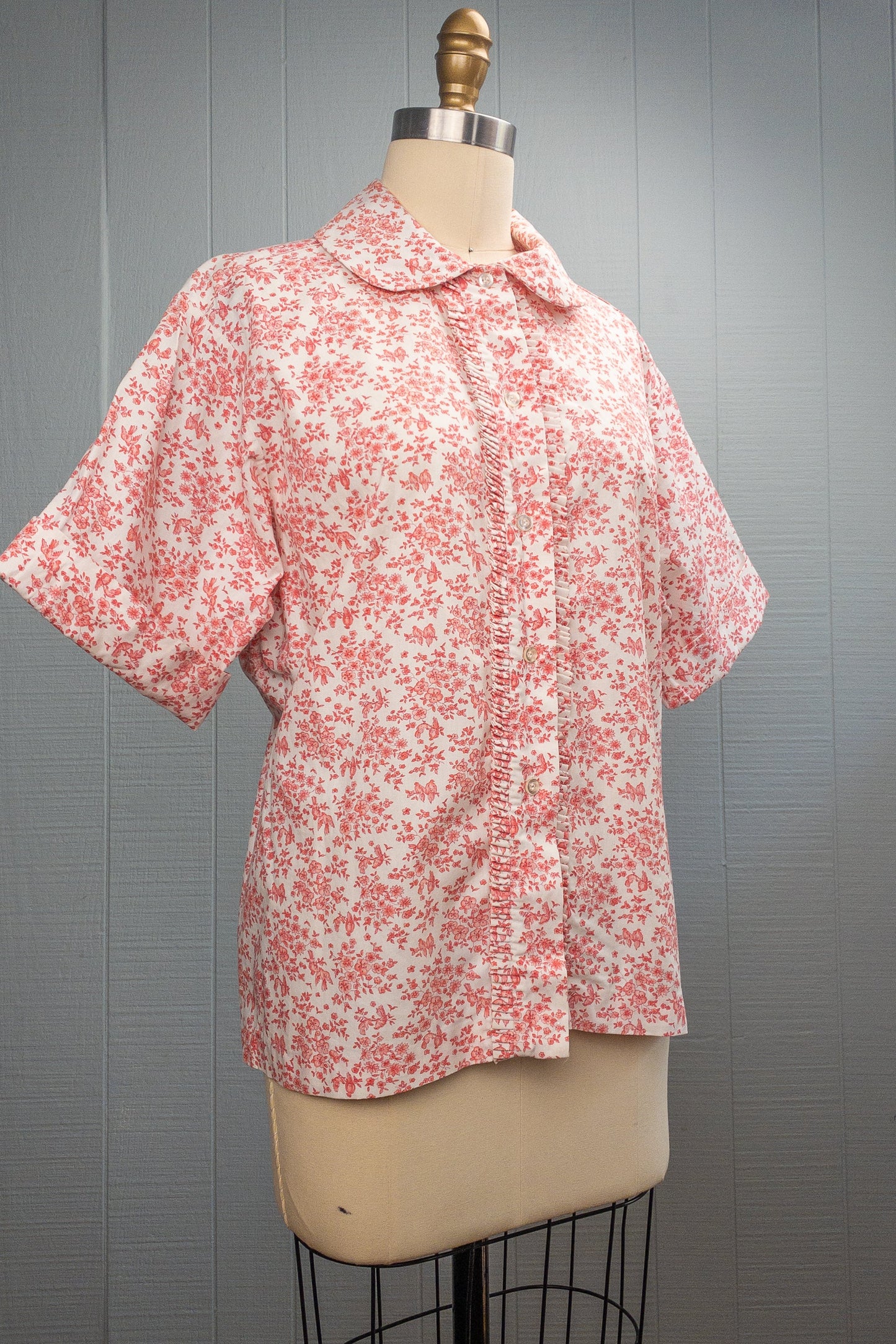 60's Cherry Blossom & Song Bird Button Shirt | L