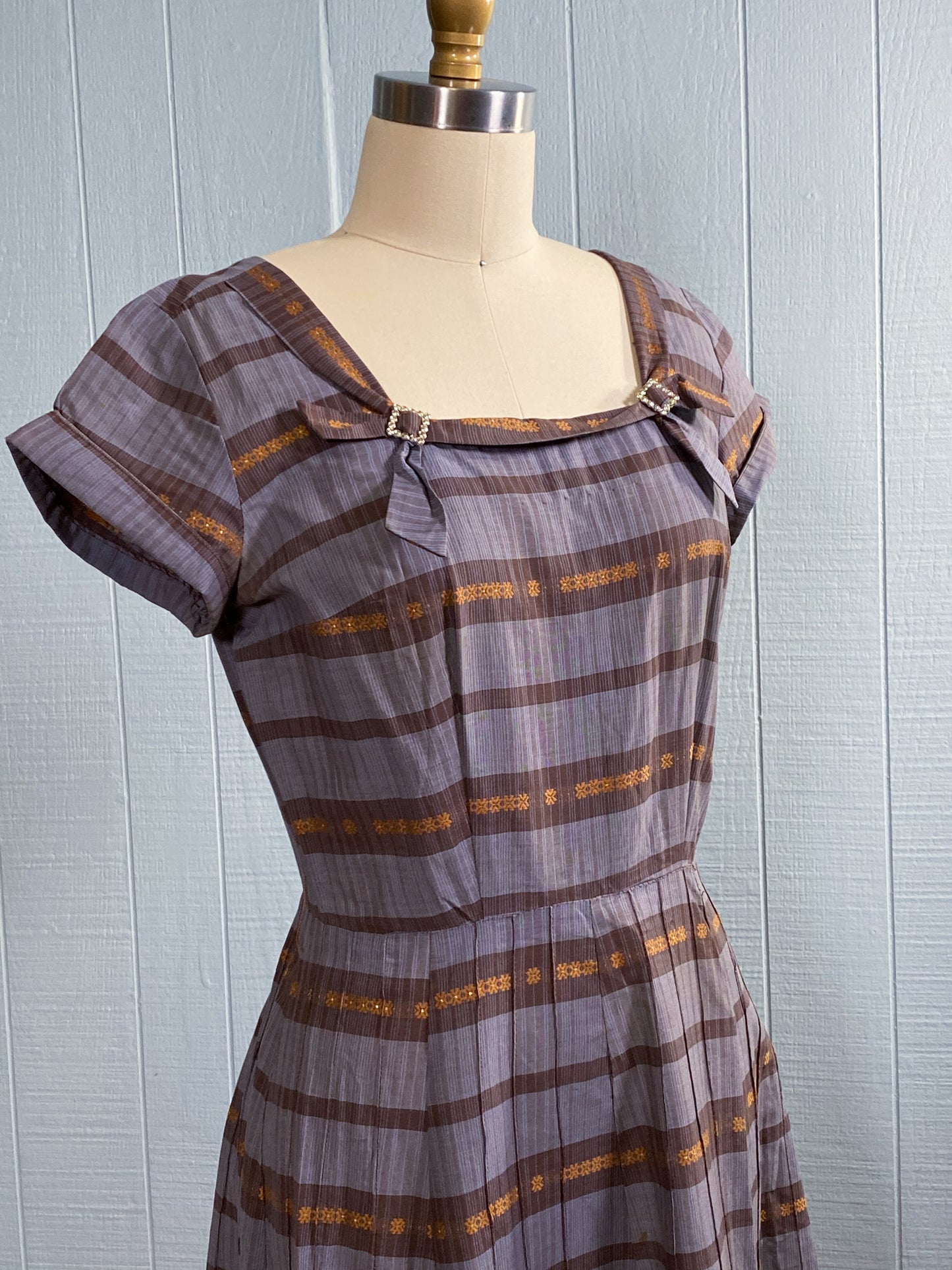 40's 50's Striped Grey Copper Party Dress | S/M