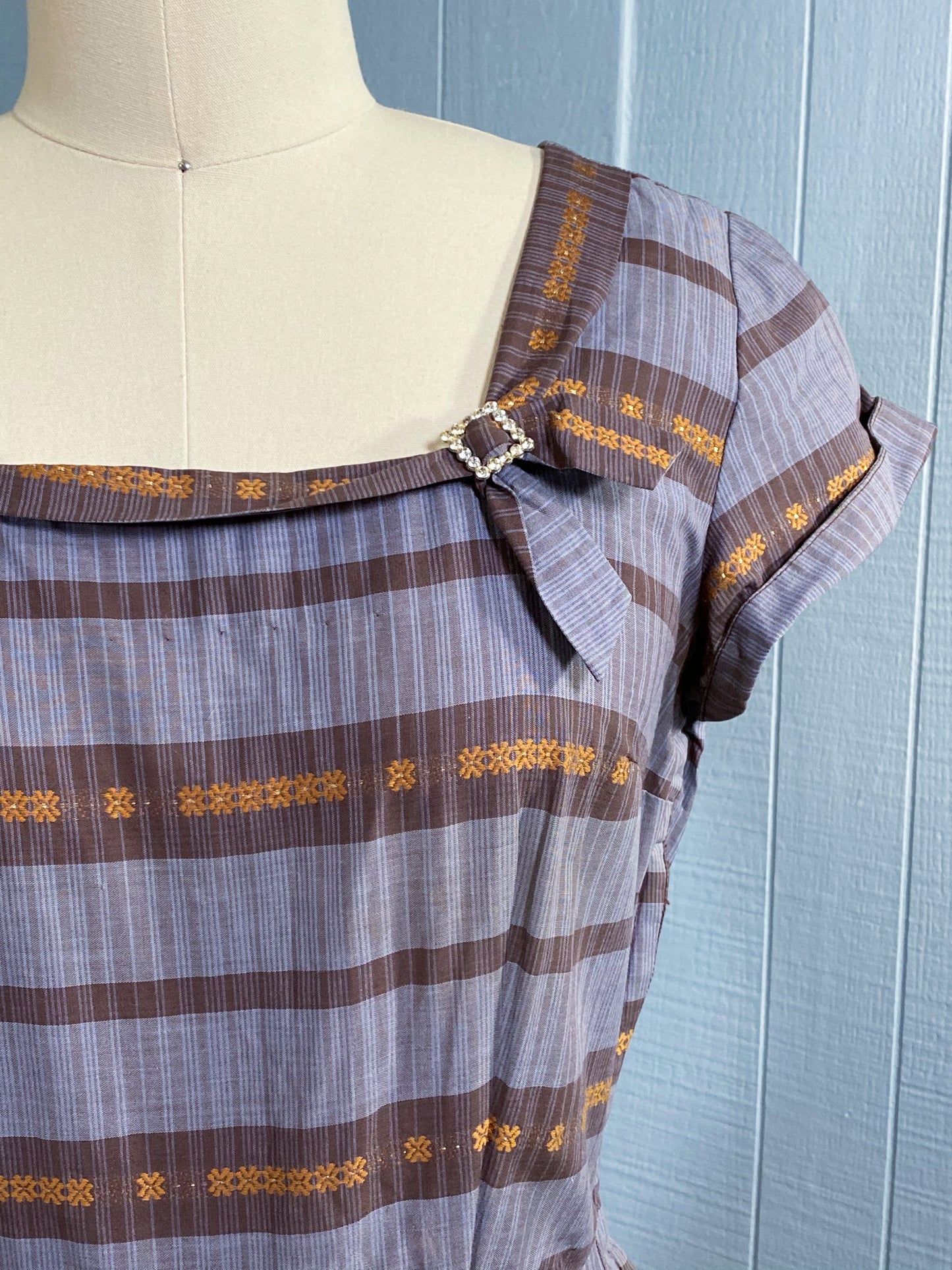 40's 50's Striped Grey Copper Party Dress | S/M