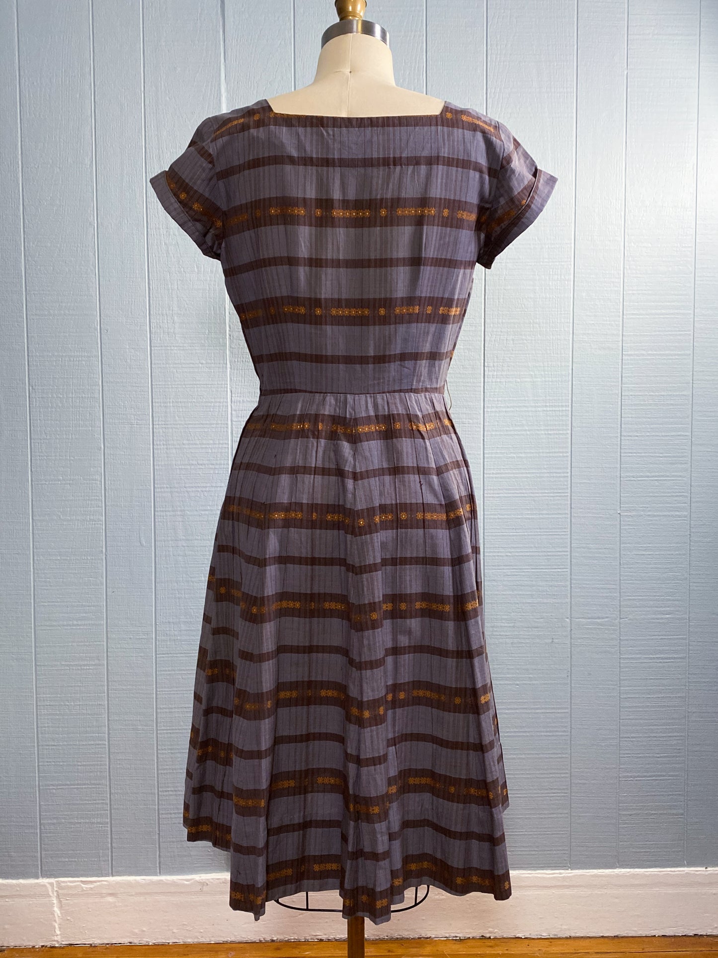 40's 50's Striped Grey Copper Party Dress | S/M