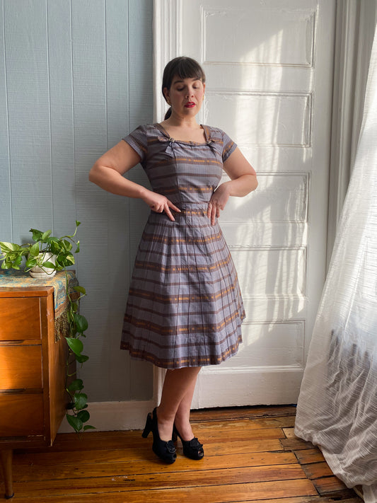 40's 50's Striped Grey Copper Party Dress | S/M