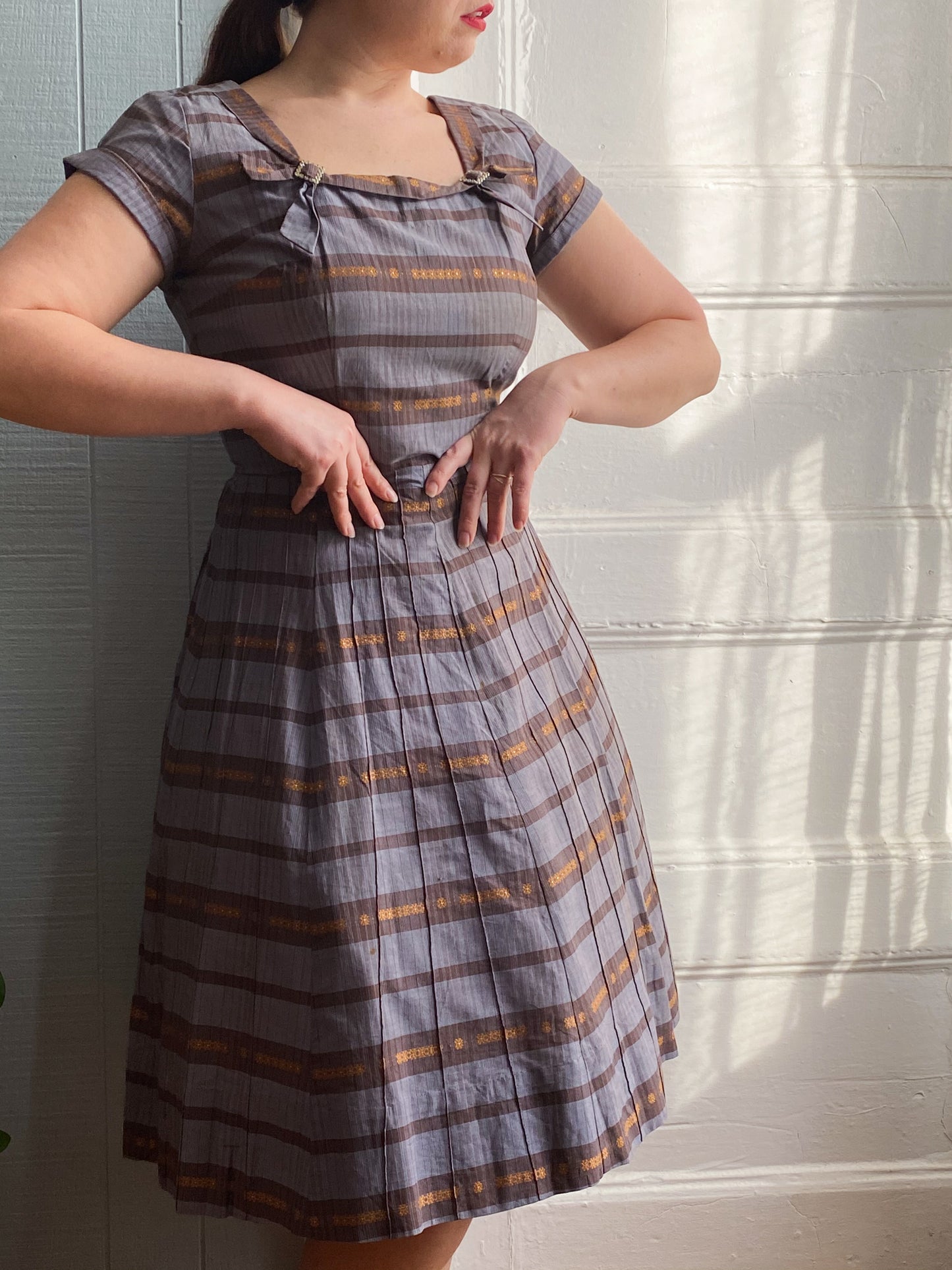 40's 50's Striped Grey Copper Party Dress | S/M