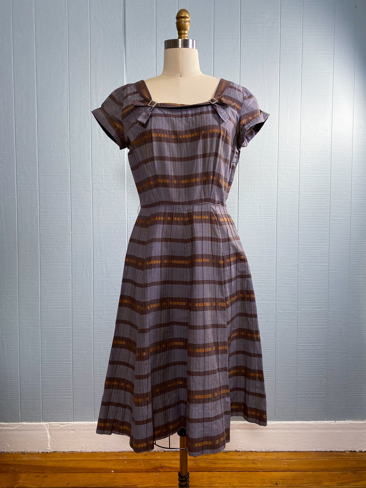 40's 50's Striped Grey Copper Party Dress | S/M