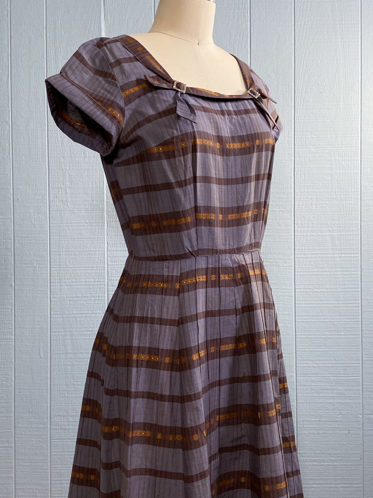 40's 50's Striped Grey Copper Party Dress | S/M